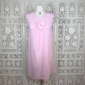 Vtg Baby Pink Lace Overlay Bow Nightgown Womens Medium Angel Romantic Coquette